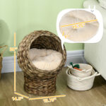 Handwoven Elevated Cat Egg Chair Bed with Soft Cushion, Kitty Basket Bed with Stand