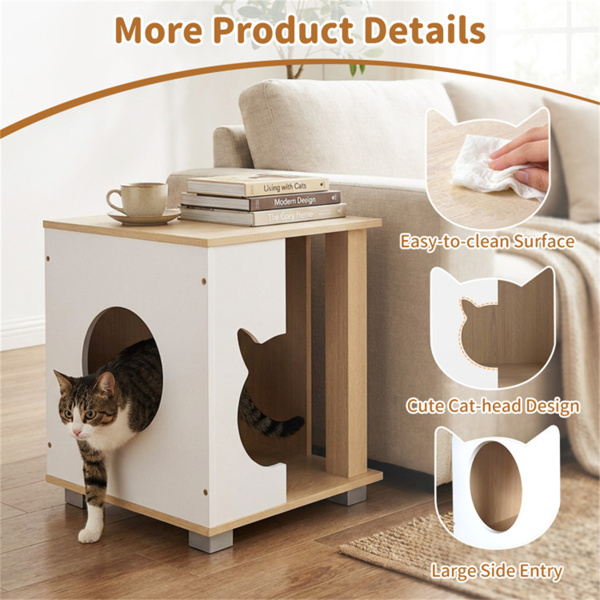 Wooden Cat House Nightstand, Multi-Function Indoor Cat Hideaway Furniture with Sturdy Metal Base - Image 9