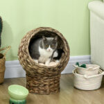 Handwoven Elevated Cat Egg Chair Bed with Soft Cushion, Kitty Basket Bed with Stand