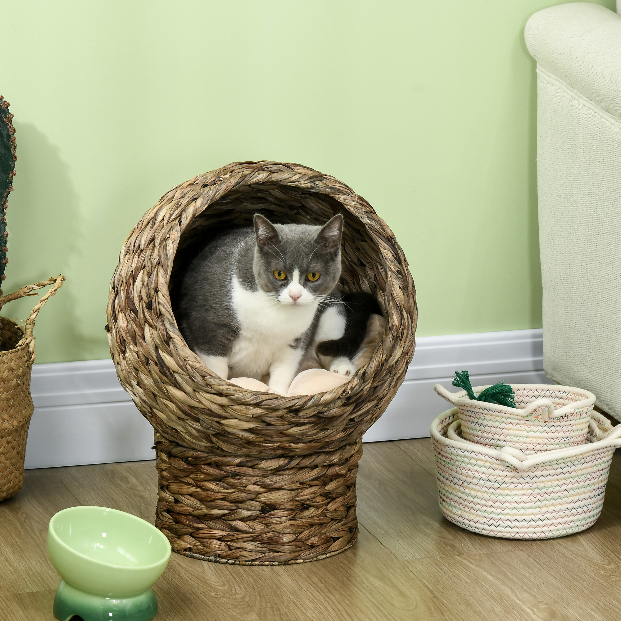 Handwoven Elevated Cat Egg Chair Bed with Soft Cushion, Kitty Basket Bed with Stand