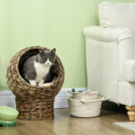 Handwoven Elevated Cat Egg Chair Bed with Soft Cushion, Kitty Basket Bed with Stand
