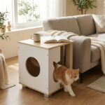 Wooden Cat House Nightstand, Multi-Function Indoor Cat Hideaway Furniture with Sturdy Metal Base