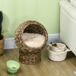 Handwoven Elevated Cat Egg Chair Bed with Soft Cushion, Kitty Basket Bed with Stand