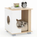 Wooden Cat House Nightstand, Multi-Function Indoor Cat Hideaway Furniture with Sturdy Metal Base