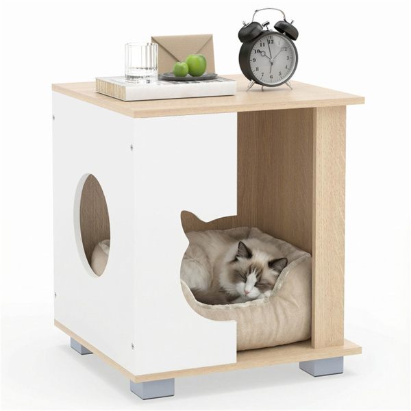 Wooden Cat House Nightstand, Multi-Function Indoor Cat Hideaway Furniture with Sturdy Metal Base