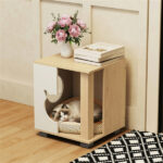 Wooden Cat House Nightstand, Multi-Function Indoor Cat Hideaway Furniture with Sturdy Metal Base